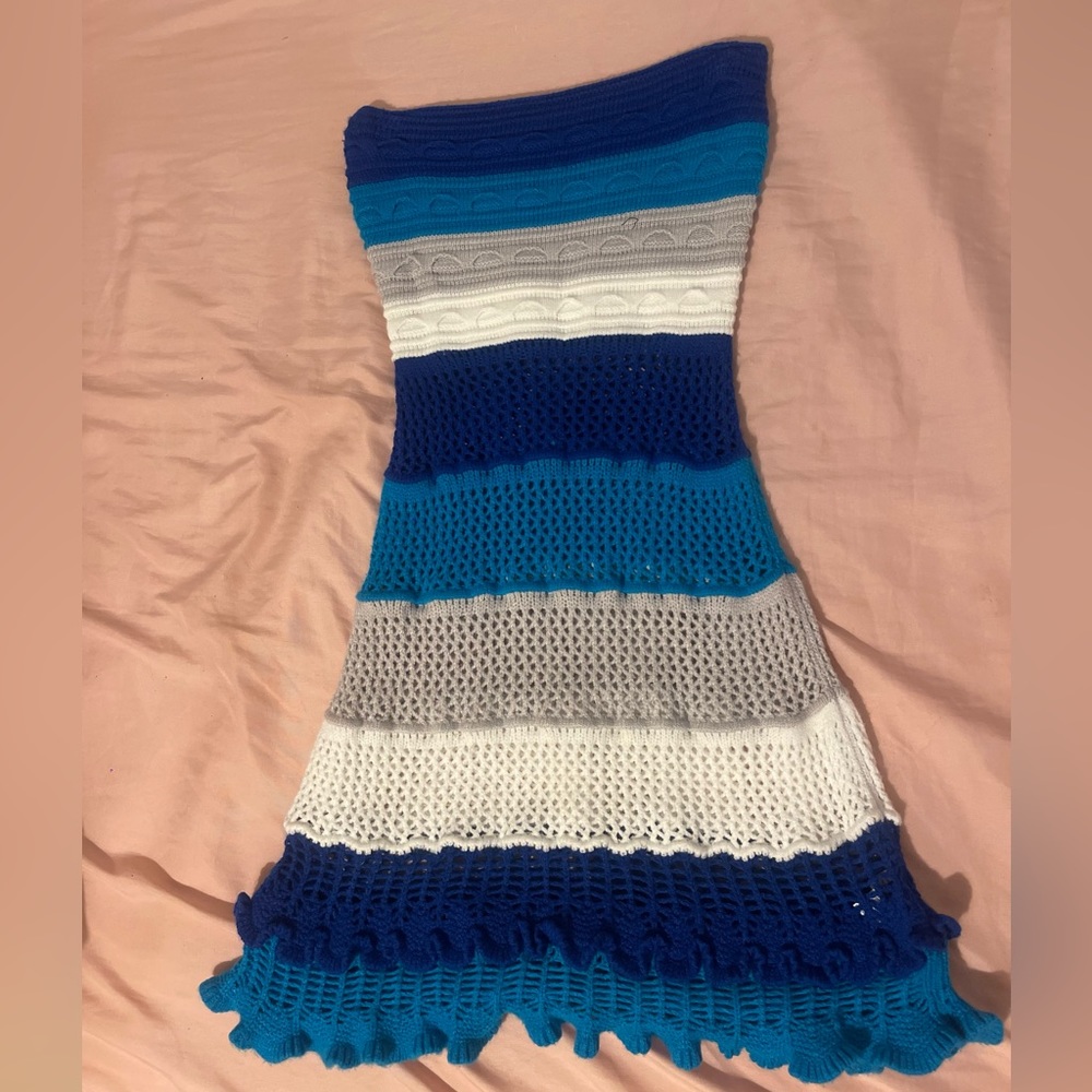 Women color black lettuce trim pointelle knitted tube bodycon mini sweater dress